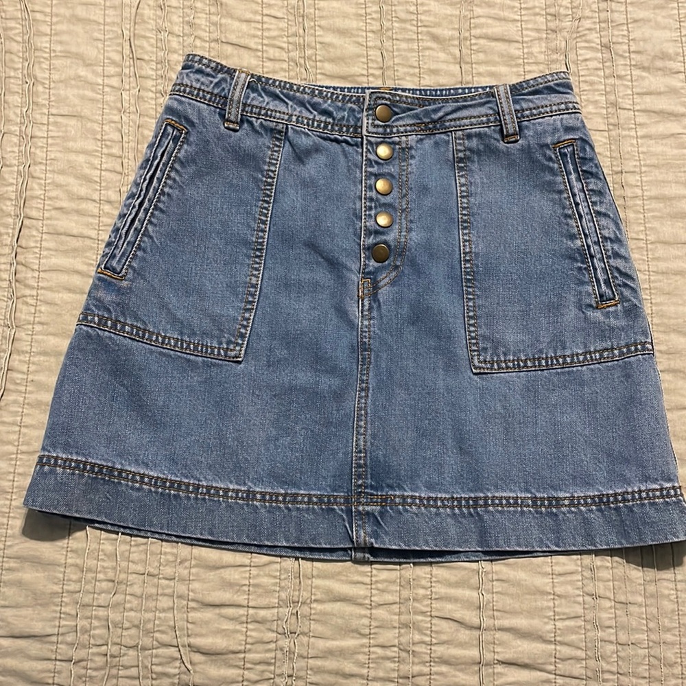 Free People Wildfire Retro Denim High Rise Mini Patch Pocket Snap Fly Closure 26